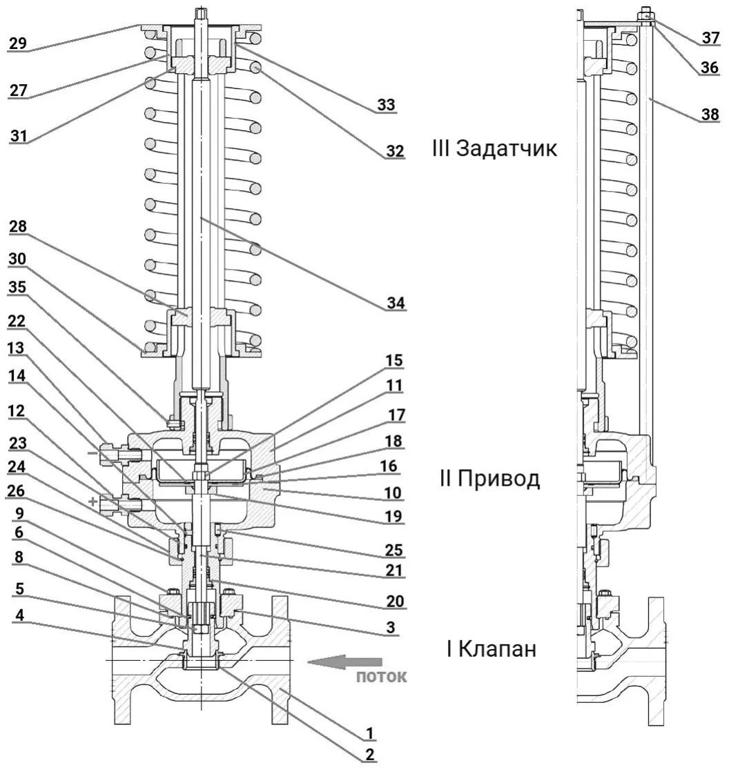 Регулятор давления до себя PRB1030N-F-DA Ду20 Ру16 Kvs6,3 прямого действия, серый чугун СЧ20, фланцевый, Tmax до 150°С, диапазон настройки 1 (0,4 - 1,6 кгс/см2)