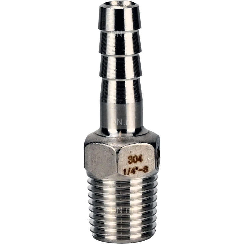 Штуцер елочка BF31-T-1/2-12 1/2″х12мм Ду15 Ру16 шланговый, корпус - нержавеющая сталь AISI 304 (CF8), присоединение - наружная резьба/штуцер